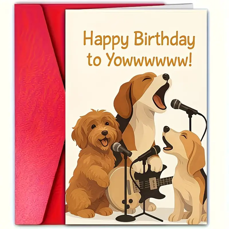 Funny Singing Dog Birthday Card, Cartoon Music Theme with Microphone and Guitar, Humorous Meow! for Pet Owners, Includes Envelope