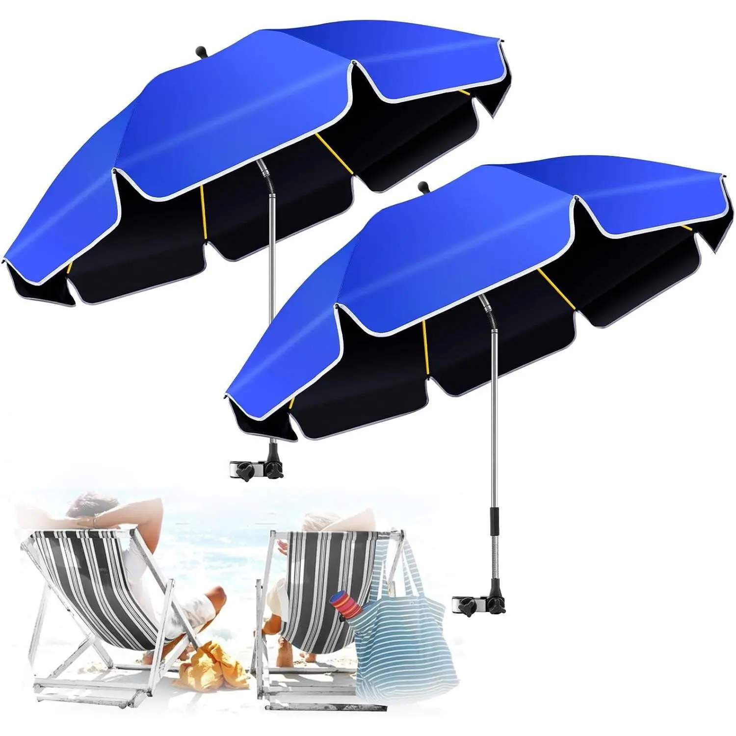 2 Pack 48.8 Inch Large Beach Umbrella with Clamp, 360° Adjustable UV Protection Sun Shade Umbrella with Clip for Beach Chair Golf Outdoor Stroller Wheelchair Camping Chair