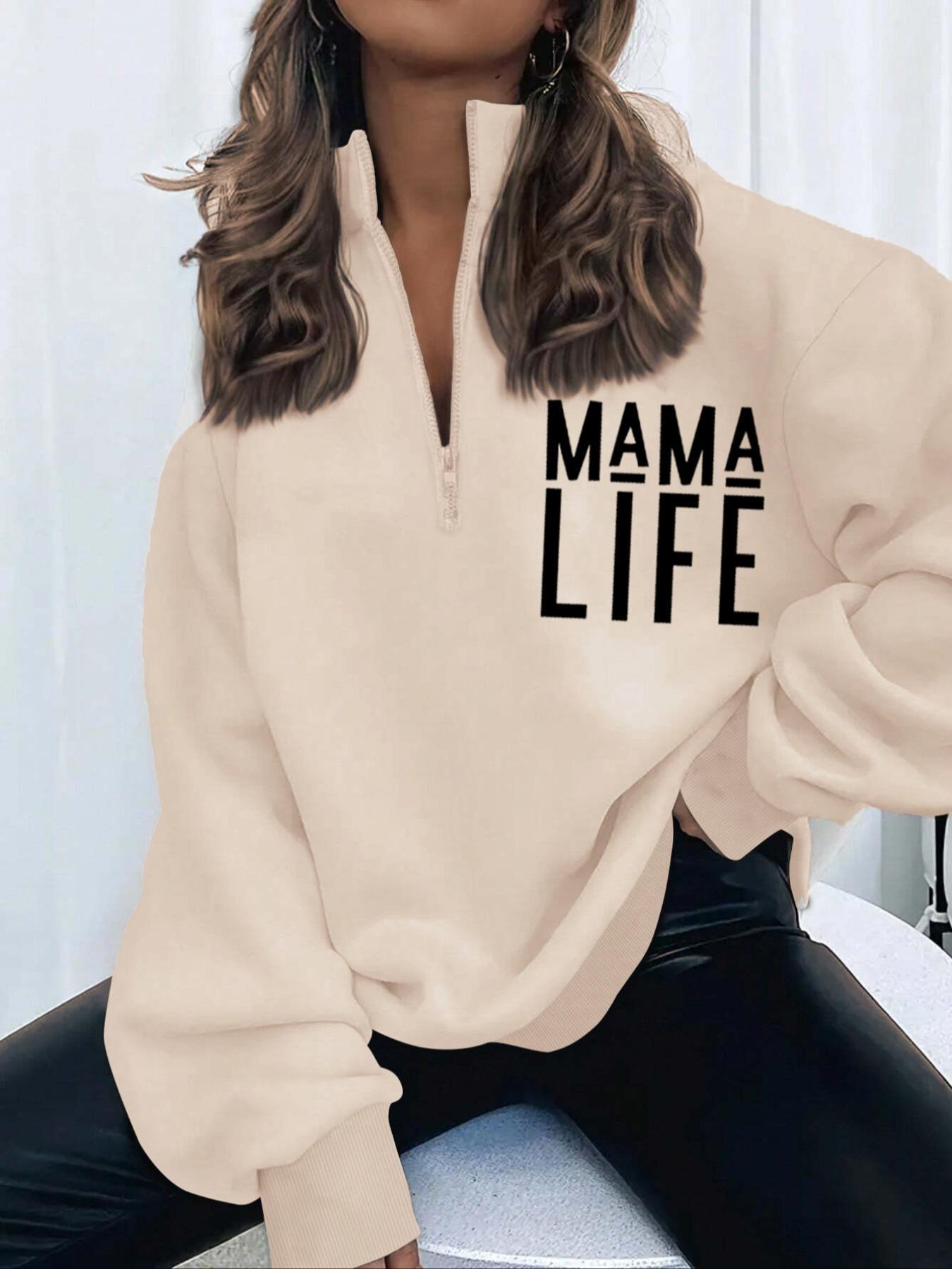 Women's Letter Print Drop Shoulder Half Zip Sweatshirt, Casual Long Sleeve Stand Collar Pullover for Fall & Winter, Women's Clothes for Daily Wear