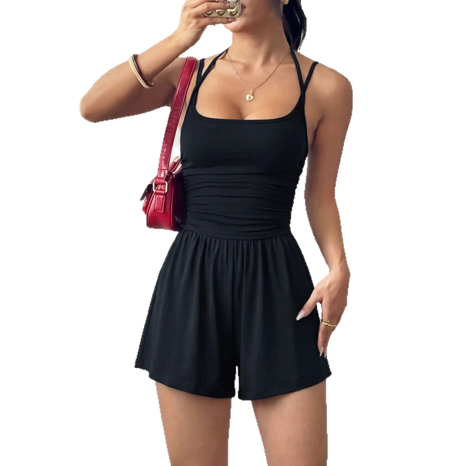 Women Halter Spaghetti Strap Ruched Wide Leg Short Romper, Square Neck High Waist Casual Summer One Piece Shorts Jumpsuit