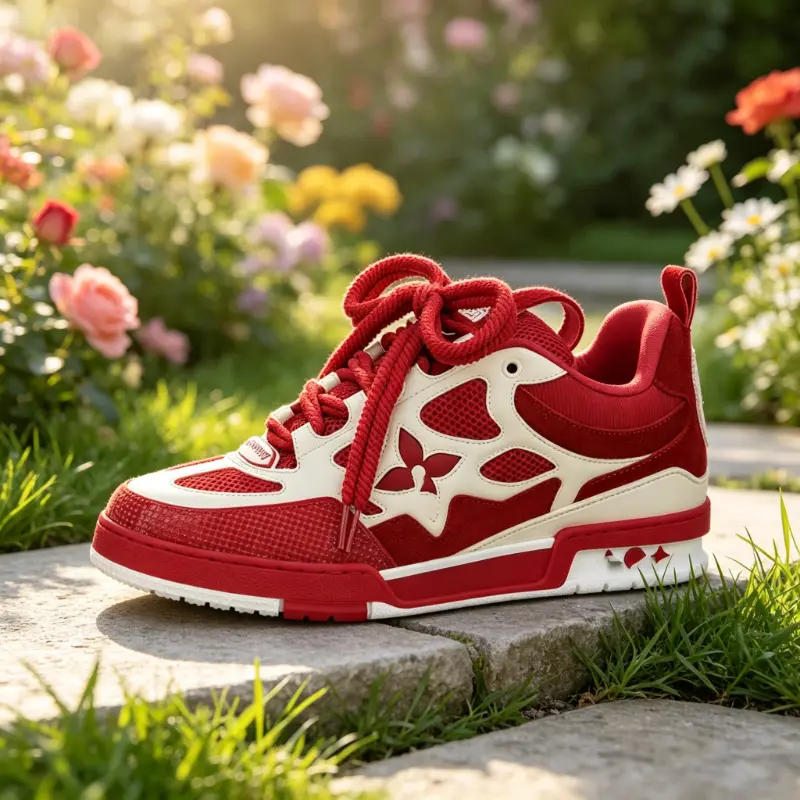 Red White Color Block Cutout Mesh Skate Sneakers Hollow Floral Cutout Panel Design Oversized Thick Braided Rope Layers Two Tone Chunky Platform Midsole Decorative Side Cut Outs Breathable Leather Mesh Hybrid Street Trainers Unisex Footwear,styl,waterp,toe