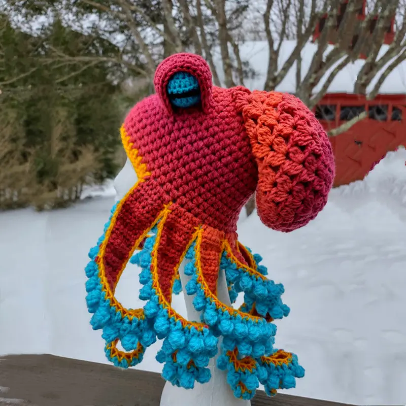 Creative Hand‑Crochet Octopus Squid Knit Hat, Funny Tentacle Full‑Face Balaclava Beanie, Weird Novelty Costume Hat for Halloween Party Cosplay