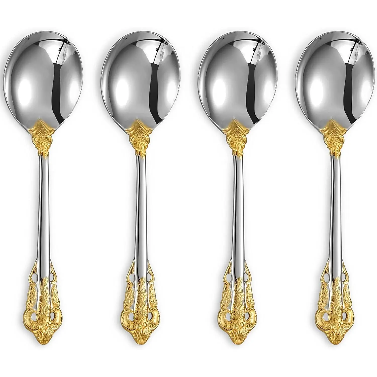 Gorgeous Round Soup Spoon, Set of 4, 18/10 Stainless Steel, Luxury Bouillon Spoon, Dishwasher Safe, Fine Mirror Polished ( Accent)