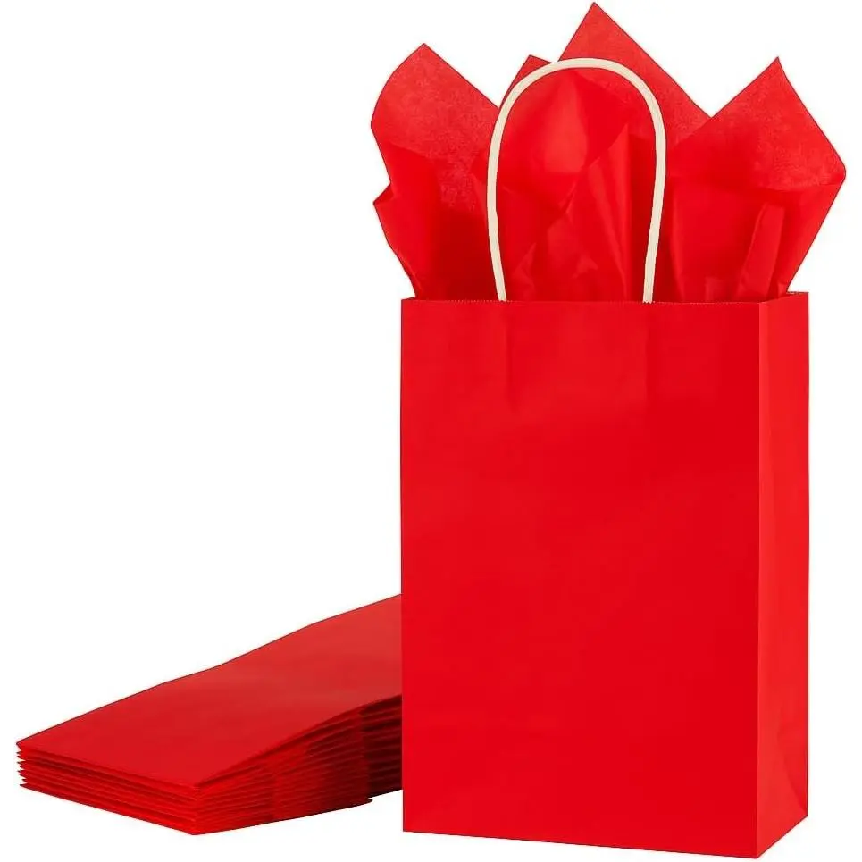 Red Gift Bags with Tissue Paper, 24 Pack 8" Small Kraft Paper Shopping Bags with Handles for Christmas, Valentine's Day, Birthdays, Anniversaries
