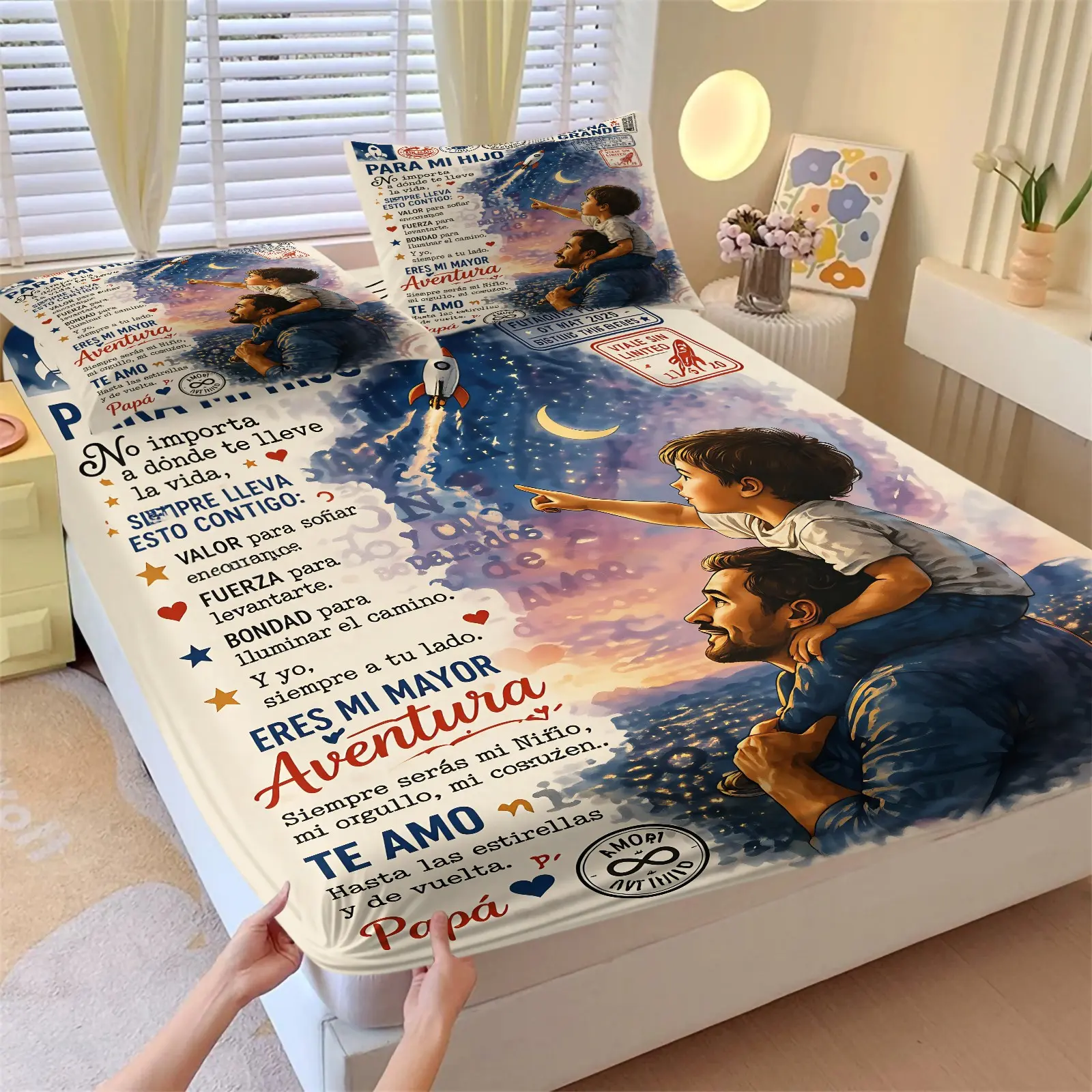 Spanish Father Love Theme Fitted Sheet Set+2 Coreless Pillowcases-Father & Son Watercolor Illustration and Father's Love Message Design-Soft Non-Slip Mattress Protector-Warm Parent-Child Style Boy Bedroom Decor
