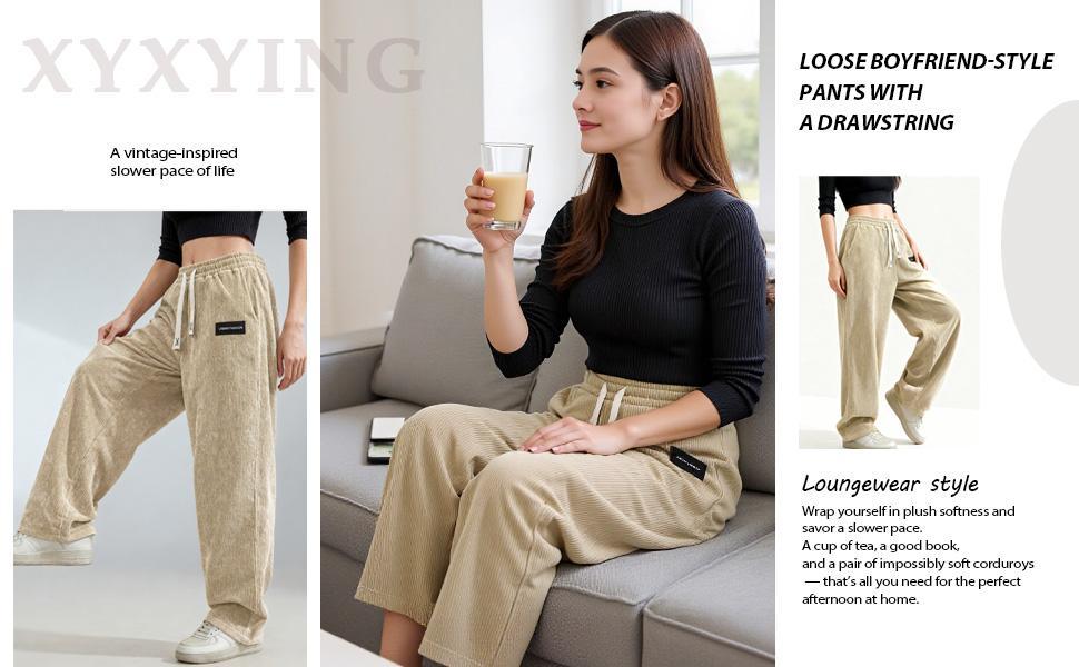 Women's Light Grey Corduroy Jogger Pants, Soft High Waist Drawstring Adjustable Trousers with Deep Side Pockets, Relaxed Straight Leg Casual Pants for All Seasons, Comfy Stretchy Daily Wear Trousers Perfect for Shopping, Walking, Work From Home, Campus