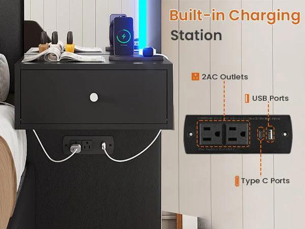 Sikaic PU Leather Upholstered Led Bed Frame with Storage Drawers Outlets & Nightstands Black Modern Wooden Headboard Diamond Tufted Headboard