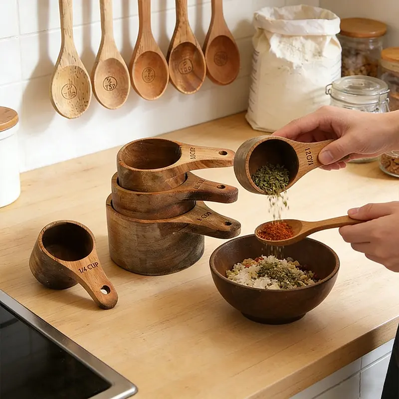 4/6/10-Pack of Wooden Cups And Spoons, Measuring Tools for Dry Ingredients, Kitchen Gifts for Bakers (Both Educational And Practical), Coffee Beans, Spices, Cooking Kitchen Accessories