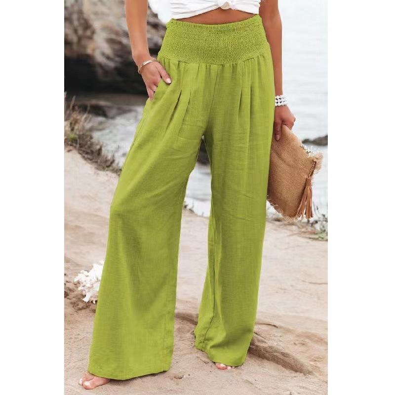 Women's Spring/Summer Beach Vacation Style Pants, Casual Wide-Leg Cotton-Linen Loose-Fit Trousers, Popular Beachwear Matching Pants for Women