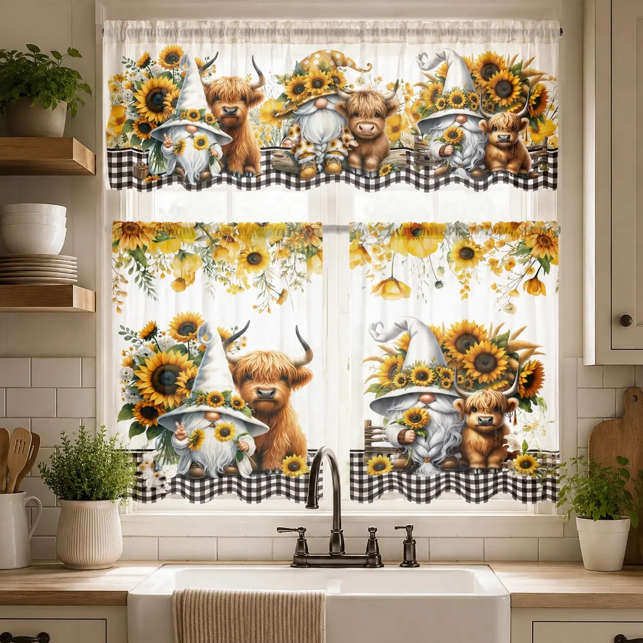 Indoor 3-Piece Classic Sheer Curtain for Windows Set - Made in USA, Sunflower & Highland Cow Print, Rod Pocket, Premium Durable Polyester, Light Filtering Airy Gauze Drapes, Festive Charm for Bedroom, Living Room