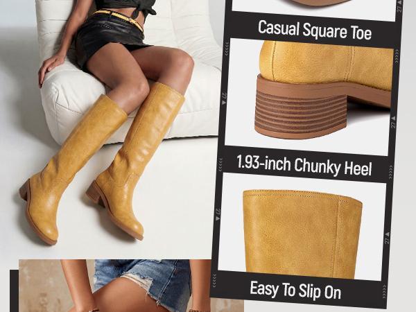 Women's Knee High Boots Square Toe Chunky Block Riding Tall Boots for Women Low Heel