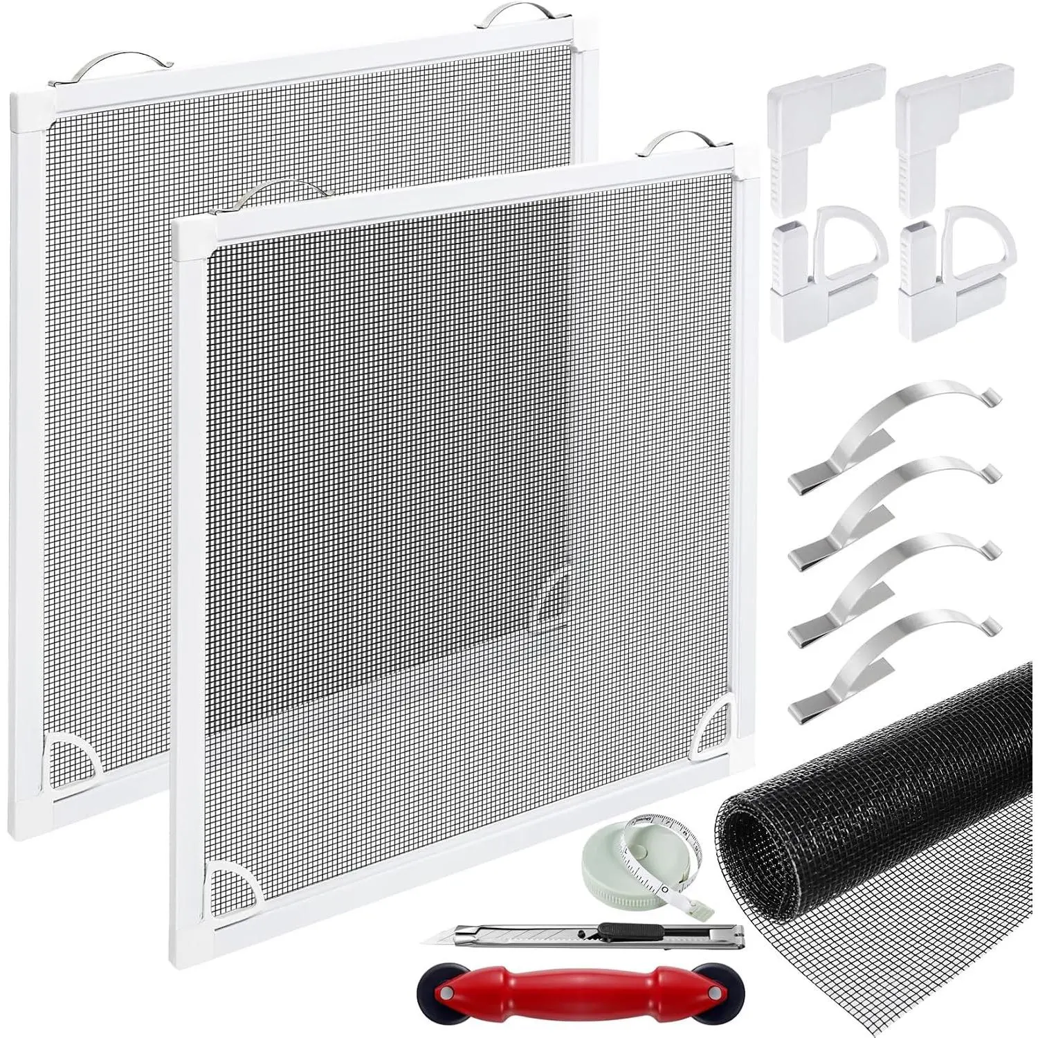 Fiberglass Window Screen Replacement Frame Kit (2 Packs, 48in x 48in), Aluminum Frame, UV Protection, Custom Cut, Mesh Pattern, Fits Standard, Full Tool Set Included, for Home Windows-Patio, Tight Weave