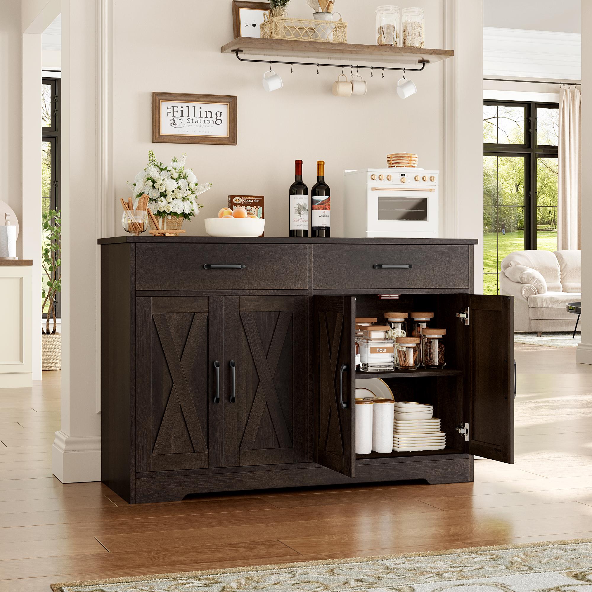 HOSTACK Buffet Cabinet, Coffee Bar with 2 Drawers, Shelves, 4 Doors, Modern Farmhouse Kitchen Sideboard Buffet, Wood Storage Cabinet HOSTACK Buffet Cabinet, Coffee Bar with 2 Drawers, Shelves, 4 Doors, Modern Farmhouse Kitchen Sideboard Buffet, Wood Storage Cabinet