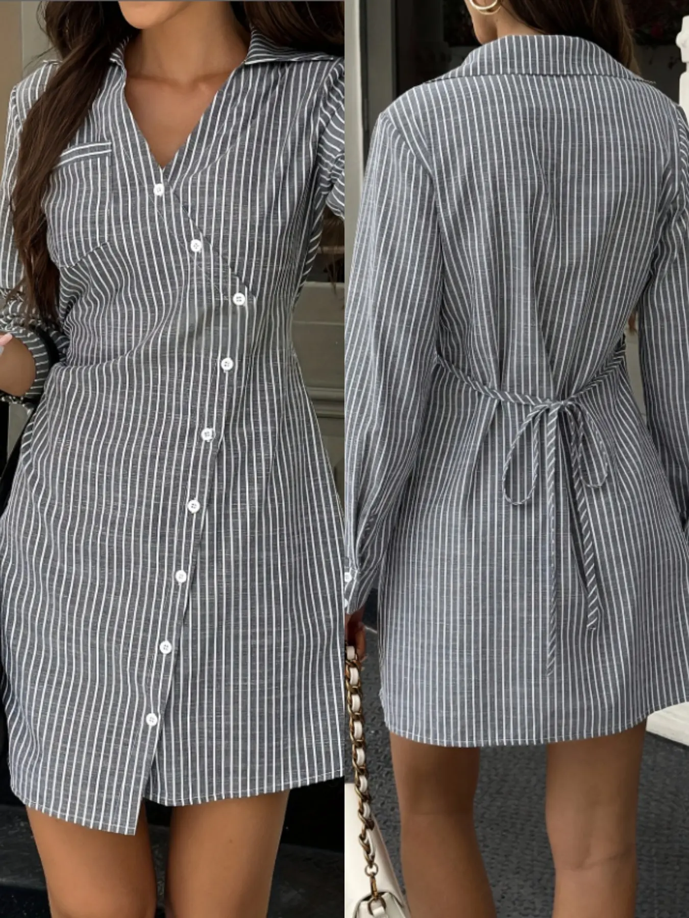 Women's Fashion Business Casual, Teacher Clothing, A-Line Striped Dress, Waist Cinched Mini Dress, Leisure Commute Wear