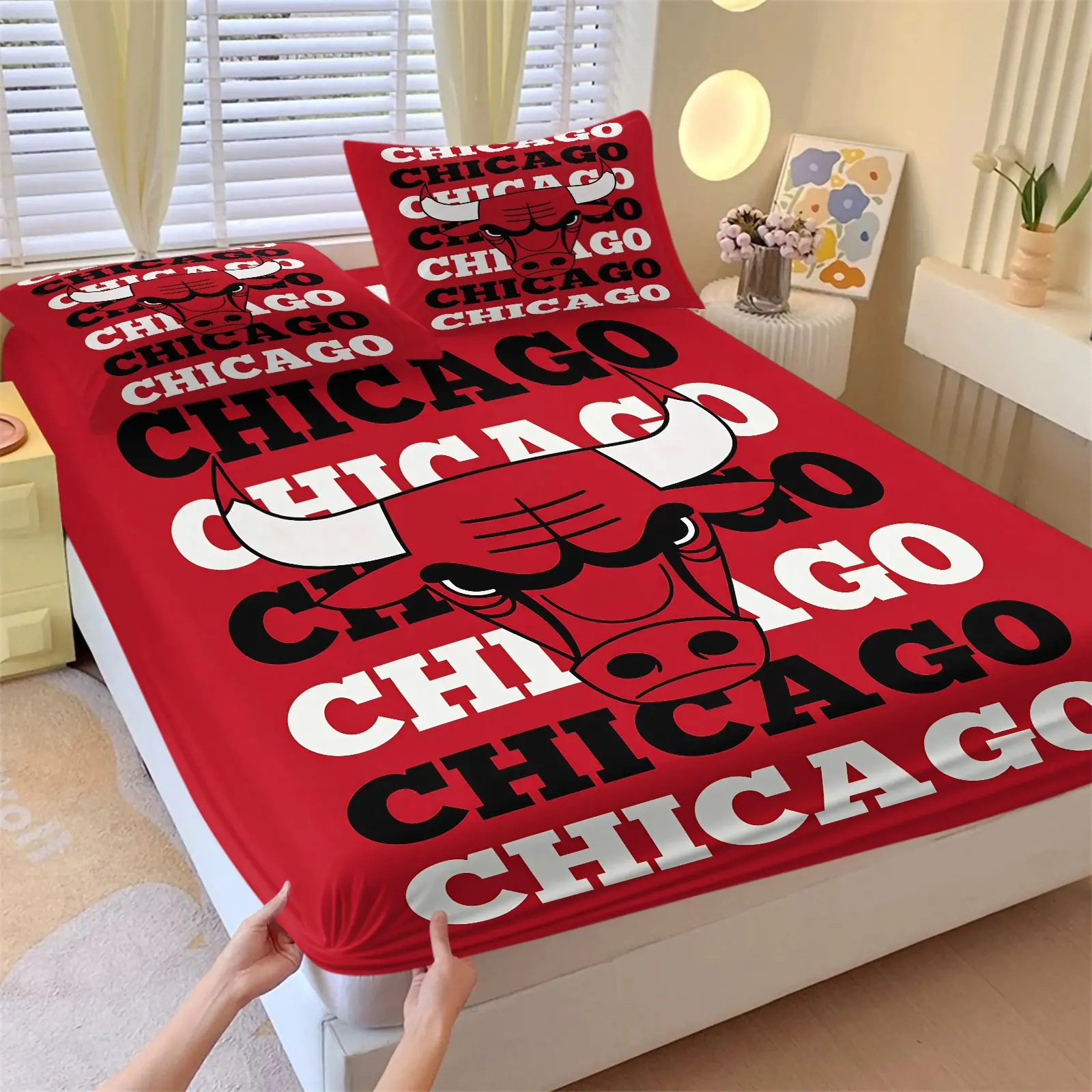 Red Bull Sports Fitted Sheet Set, 1 Fitted Sheet + 2 Pillowcases, Urban Basketball Team Inspired Print Bedding, Soft Breathable Microfiber Bed Linen for Boys Teens Sports Fans, Wrinkle & Fade Resistant