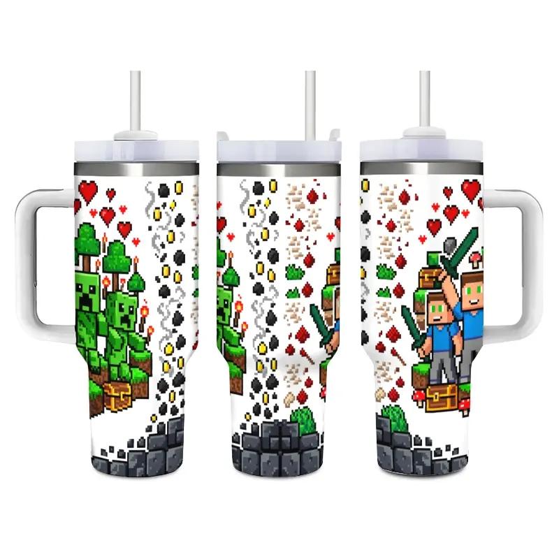 Retro Pixel Sandbox Gaming Insulated Stainless Steel Flask - Sturdy, Lightweight, Portable Water Bottle with Straw, Cute Green Monster & Hero Design, Desk Accessory, Birthday Gift for Gamers, for Gaming Room & School