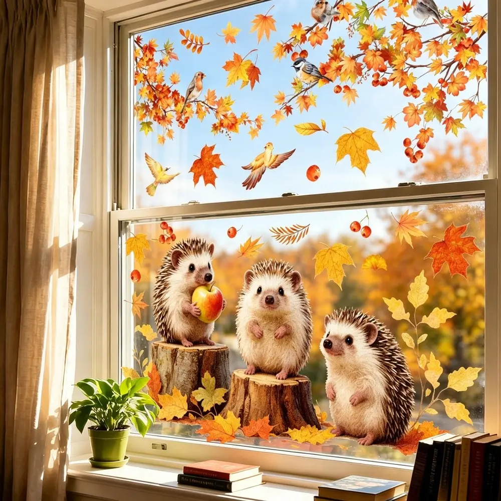 2Pcs Set (3060cm+3040cm) Cute Autumn Hedgehog Static Cling Window Stickers, Maple Leaf & Berry Pattern, Removable Glass Decals for Living Room & Bedroom Decor