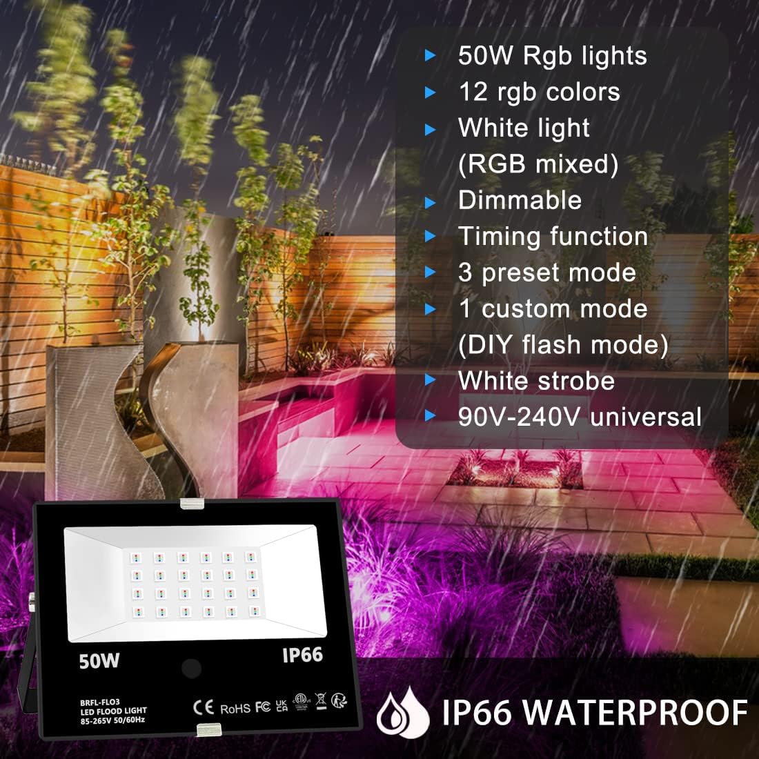 Led Flood Light Outdoor, 50W RGB Color Changing Landscape Lighting with Remote, Timing - 12 Colors - 4 Modes, IP66 ,  3-Plug, (Pack of 2)