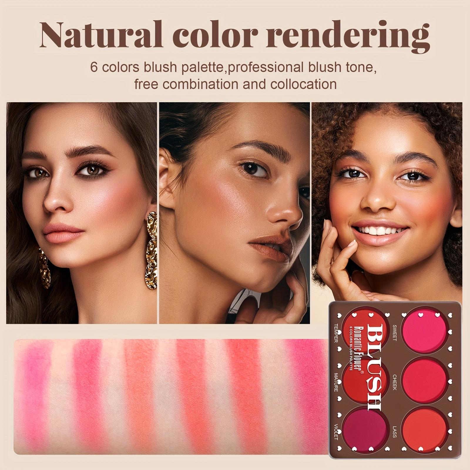 6-Color Blush Palette - Romantic Flower, Matte & Shimmer Powder, Buildable Coverage, 6 Shade Face Blush (Soft, Warm, Nude, Blush, Berry), Smooth Blendable for Light Beige Tones