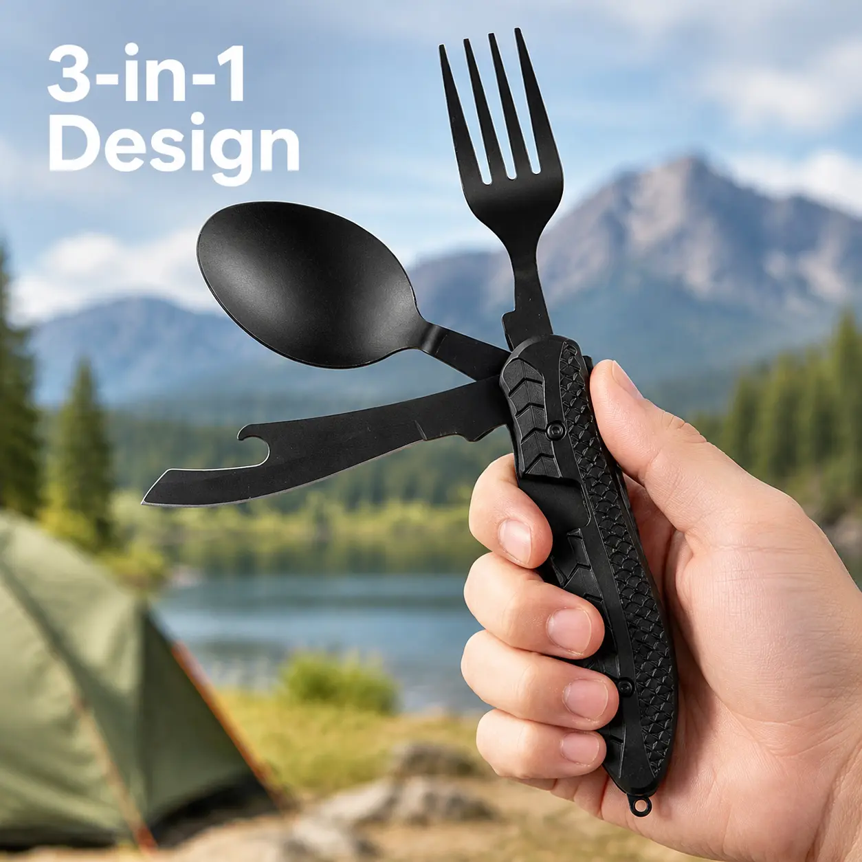 Stainless Steel Spork | Folding Camping Cutlery, Bottle Opener Spork, Durable Camping Fork | Portable Outdoor Utensil, Hiking Eating Tool, Compact Travel Spoon, Lightweight Backpack Gear