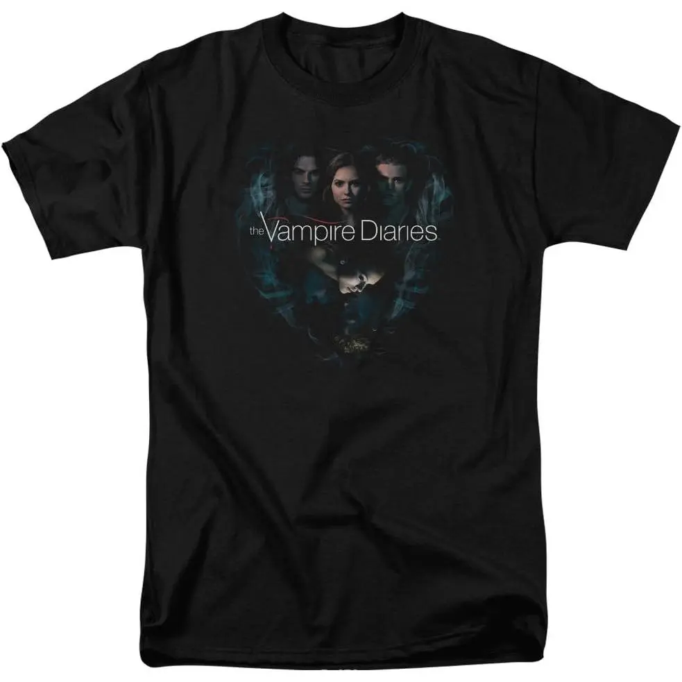 Trevco Men's Short-Sleeve Regular Fit Knit T-Shirt, The Vampire Diaries Vibe Graphic Tee with Triangle Heart Print & Show Logo (Stefan, Damon, Elena), CW Supernatural Teen Drama Fan Top, Casual Streetwear, Round Neck Menswear, Tops