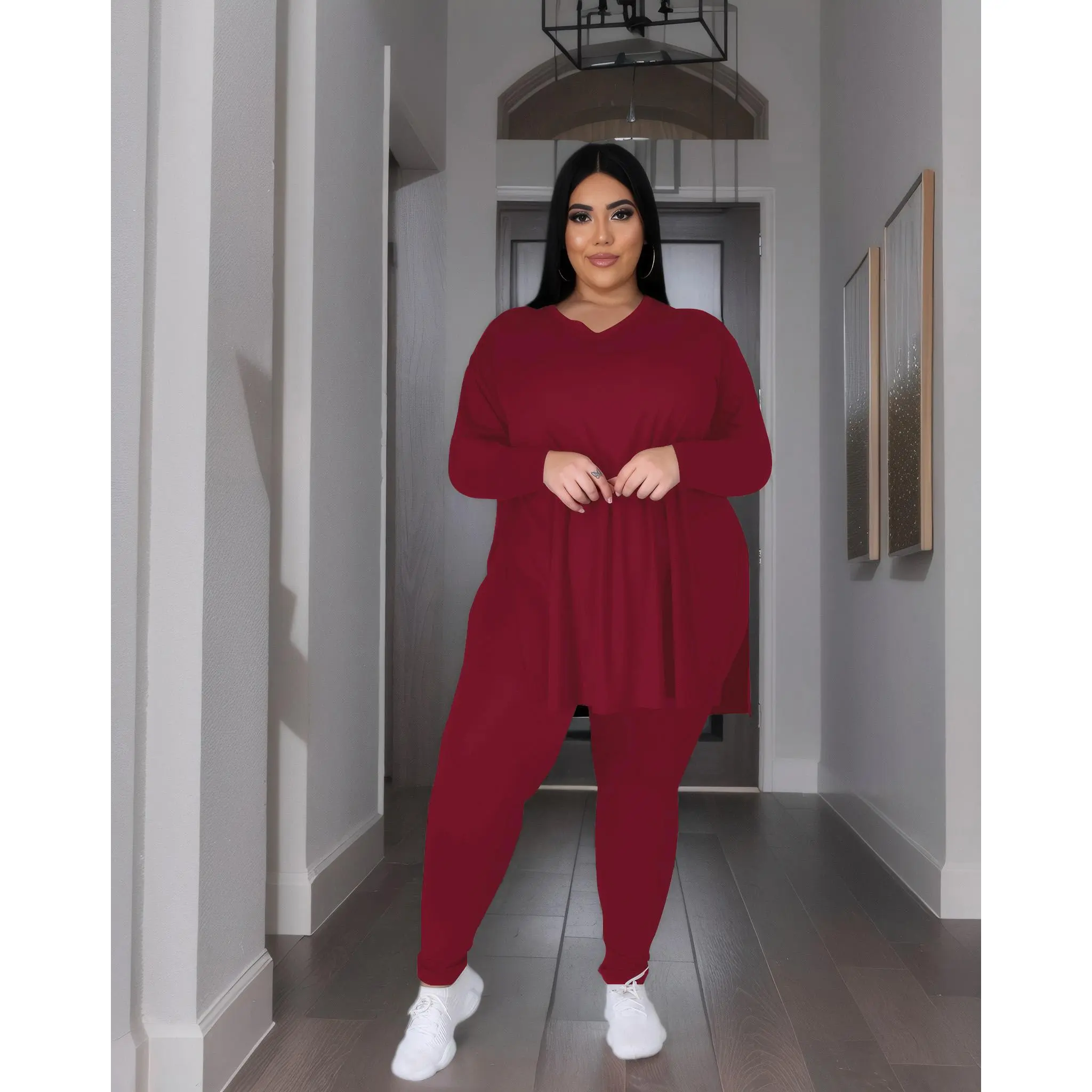 Women's Plus Size Longline Lounge Set Milk Touch Fleece Two-Piece Outfit for Curvy Figures in Vibrant Purple