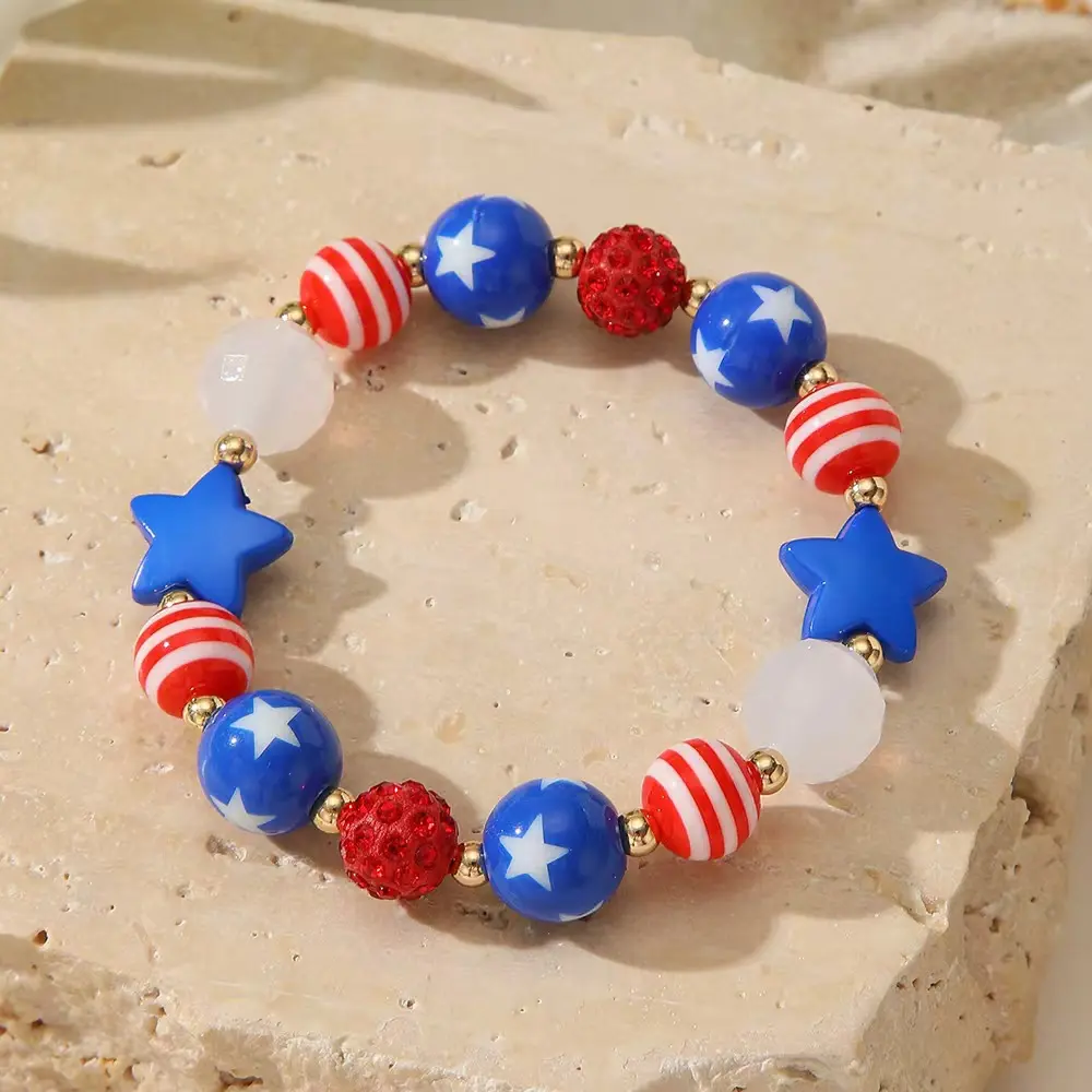 Viral 4th Of July Patriotic Stackable USA Flag Enamel Star & Peach Heart Bracelet For Women, Independence Day Themed Wrist Jewelry, Trendy Accessory For Parade Party Beach Daily Outfit Styling