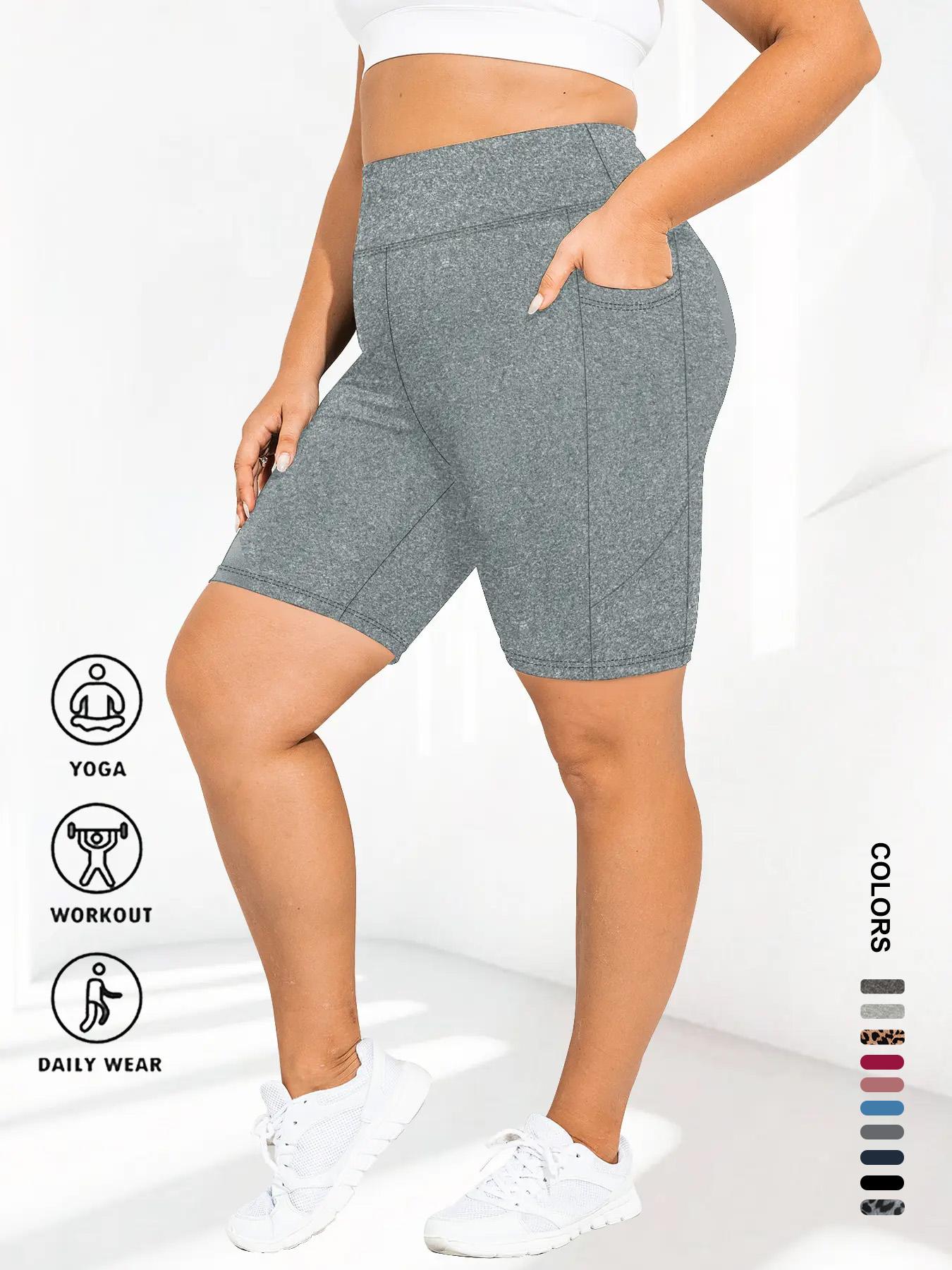 【Plus Size】 Plain / Leopard Print Pocket Design Skinny Short Leggings, Casual Comfy Breathable High Waist Short Leggings for Daily Wear, Women's Bottoms for Summer, Womenswear, Bodycon Shorts, Athletic Yoga Shorts