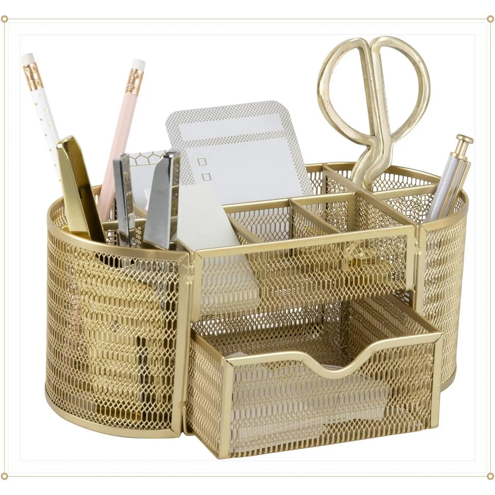 Gold Metal Mesh Desk Organizer Set with Drawer | Stylish Desktop Storage for Office Supplies & Small Stationery | Desk Accessories for WomenGift