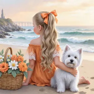 1pc Full Drill DIY Diamond Painting Kit,A girl and a white dog are sitting by the seaFrameless Diamond Art Wall Decor, Beginner Handmade Craft, Holiday Gift for Halloween Christmas, Home Wall Hanging for Bedroom Living Room Dining Room