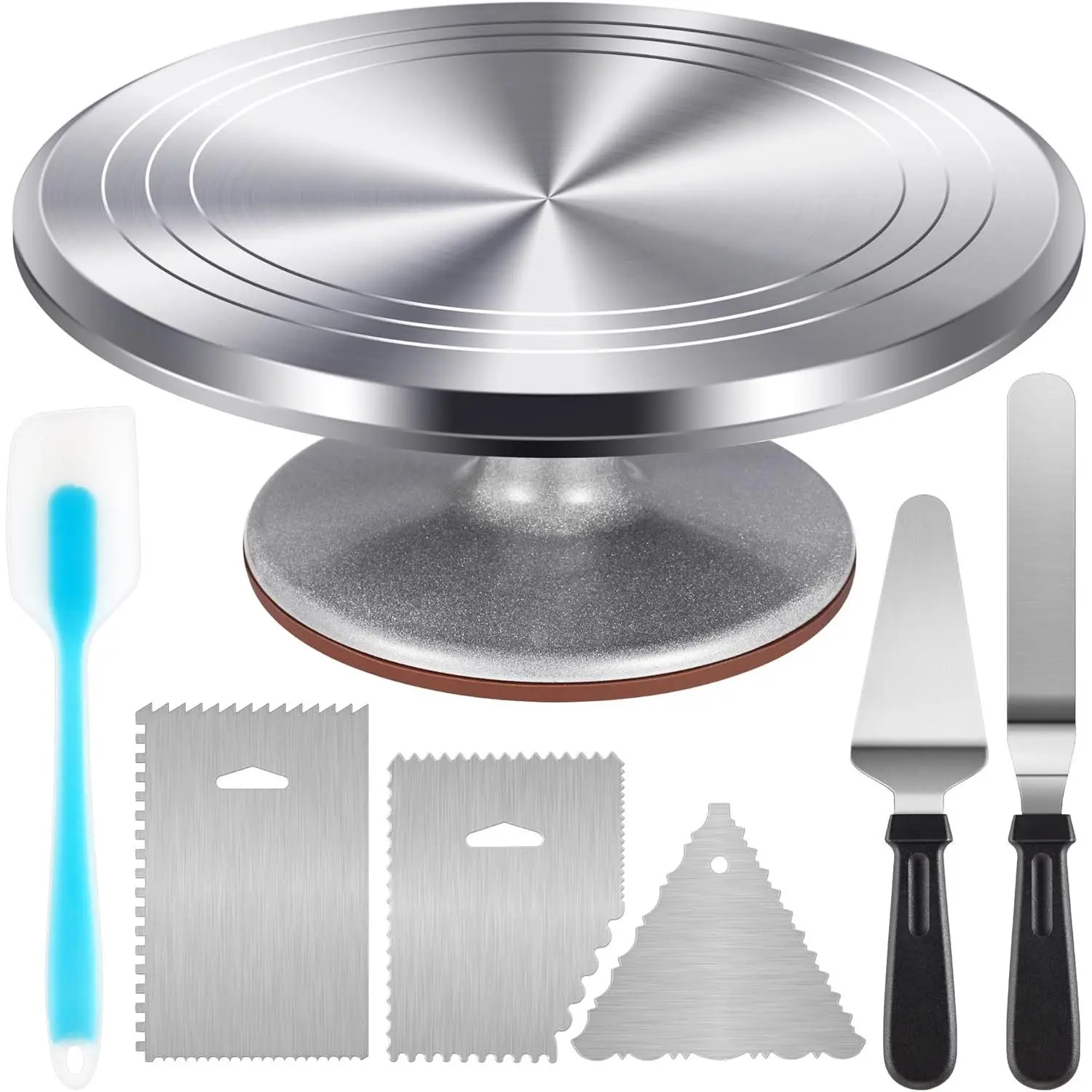 Aluminium Cake Turntable Set, Baking Tools with Revolving 12" Cake Stand for Decorating, 12.7" Offset Spatula, 3 Stainless Steel Frosting Icing Smoother, Cake Serve Cake Decorating Kit Supplies