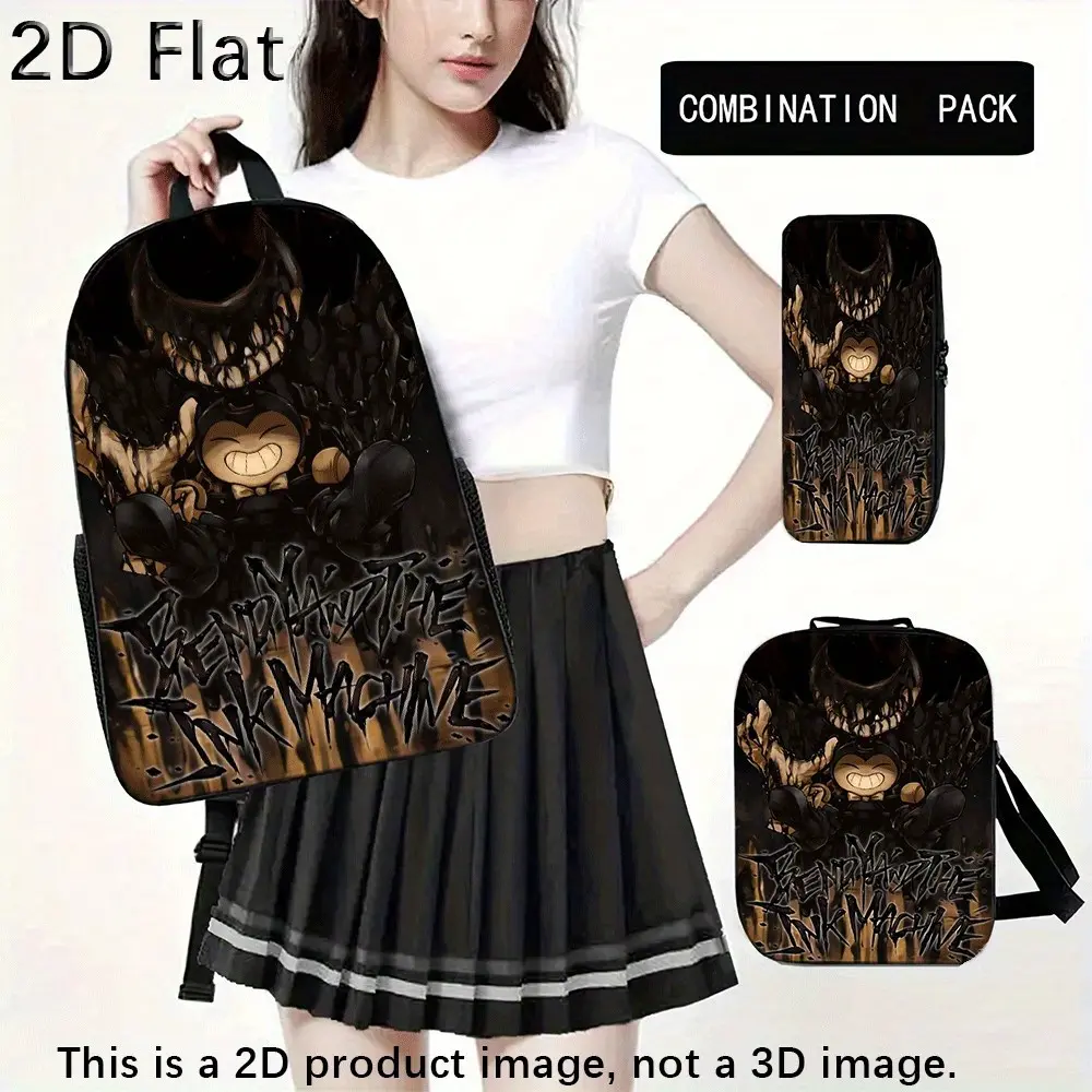 Unisex Kids' 3-Piece Bendy Theme Horror Game Ink Demon Grinning Face Cartoon Print Backpack Set Pack - 600D Oxford Fabric, Water-Resistant, Durable, Adjustable Breathable Straps, Lunch Bag, Zipper Pencil Case