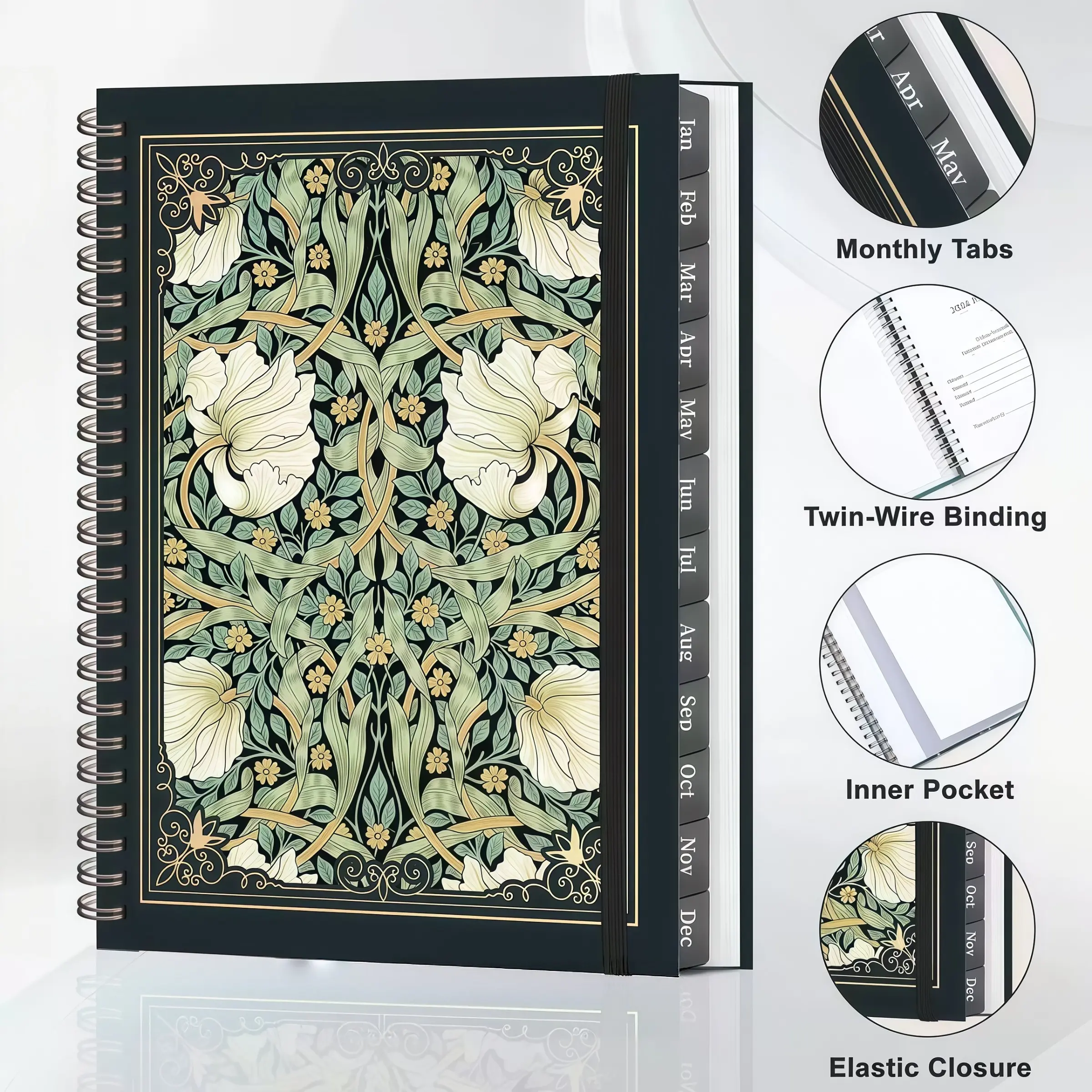 2027 Planner Weekly & Monthly for Women Men, A5 Spiral Bound Planner with Vintage Green Floral Cover Monthly Tabs, Agenda Calendar for Office Home Gym