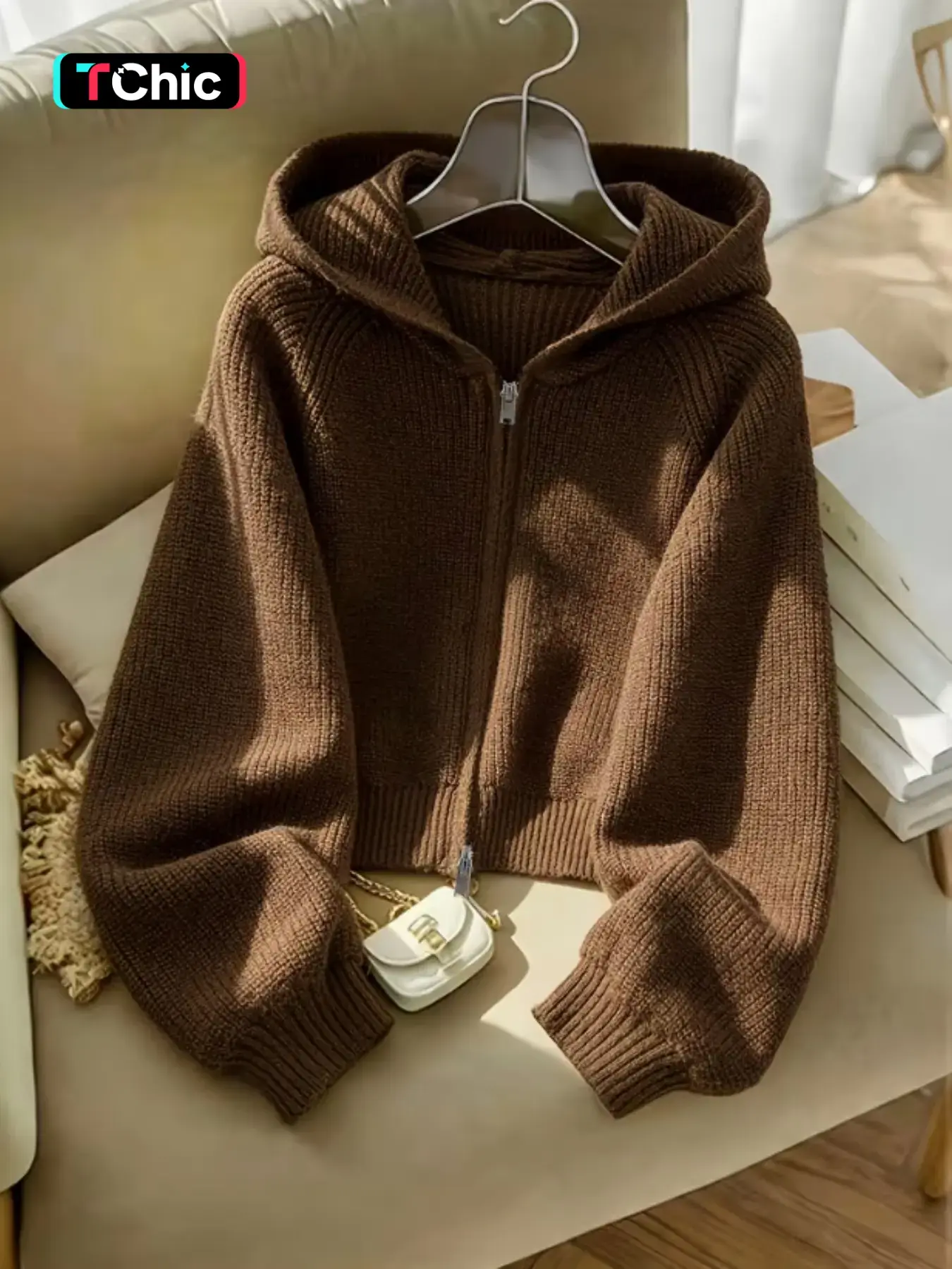 Women's Dual Zipper Hooded Knit Cardigan, Ribbed Lantern Long Sleeve, Casual Slim-Fitting Fall & Winter Sweater Coat, Perfect for Work, Travel, Vacation