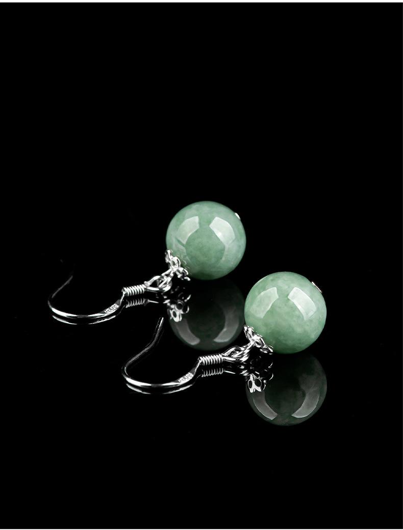 Natural A-grade jade emerald green round bead earrings S925 silver inlaid jade fashionable women's earrings and earrings with ethnic style