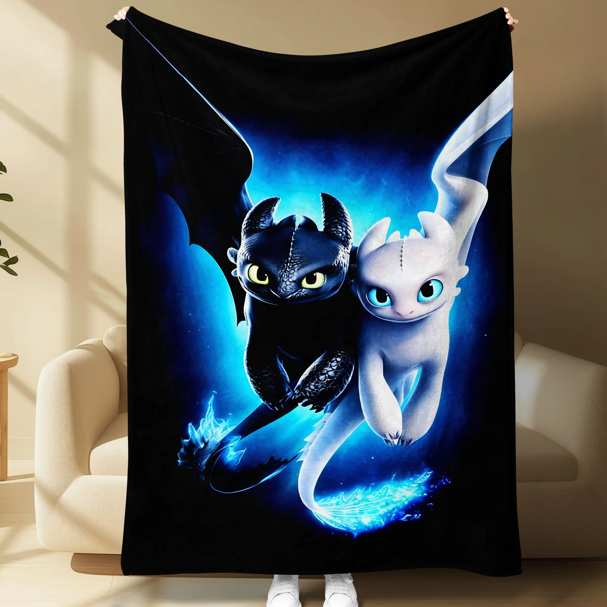 Toothless and Light Fury Night Sky Print Flannel Throw Blanket, Soft Cozy for Couch, Bed, Home Decor, Decorative Blanket, Perfect Birthday Gift