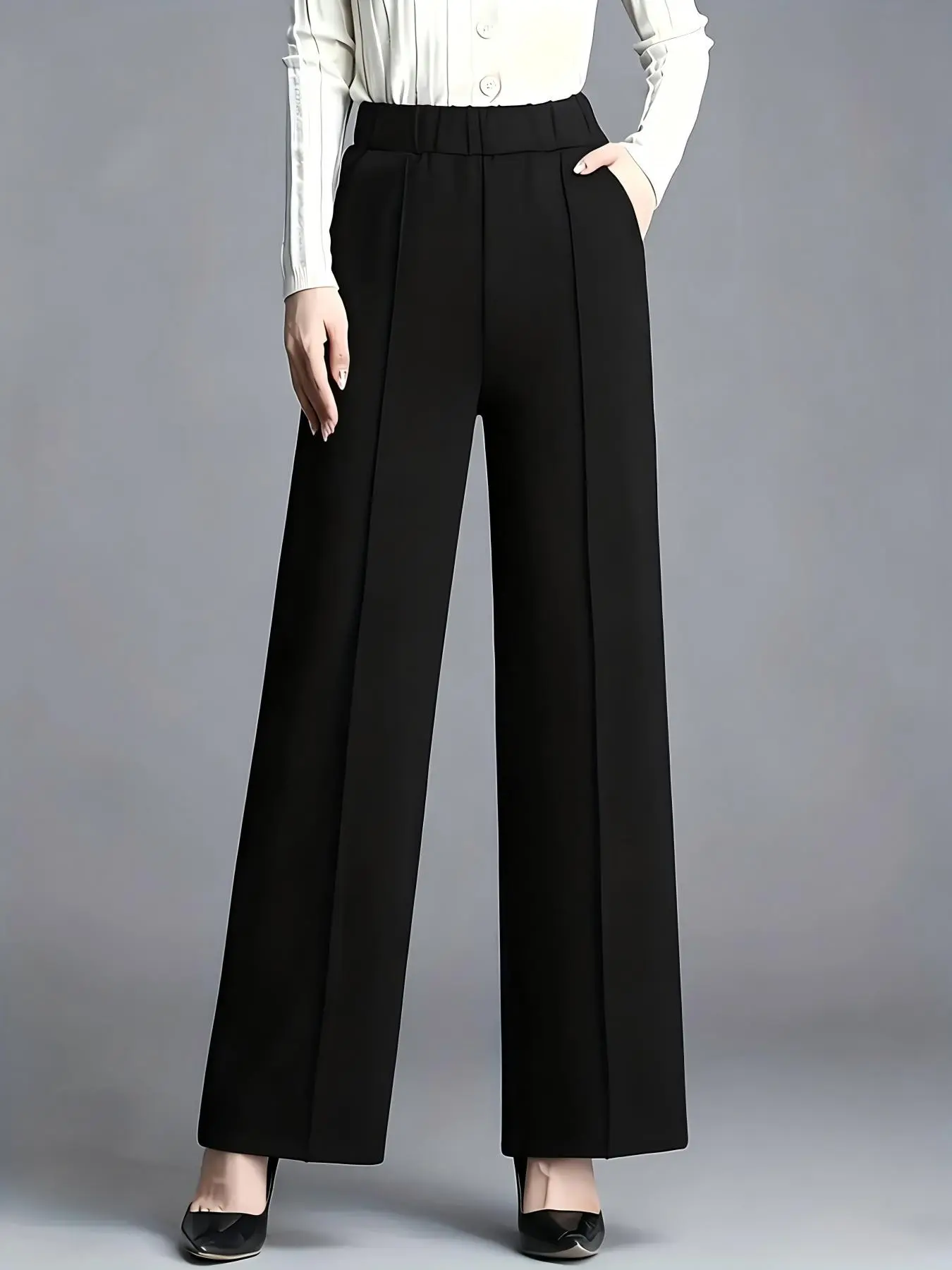 New Women's Solid Wide Leg Pants, Elastic Waist, Pocket Design, Elegant Office Style, Long Regular Fit, All Seasons