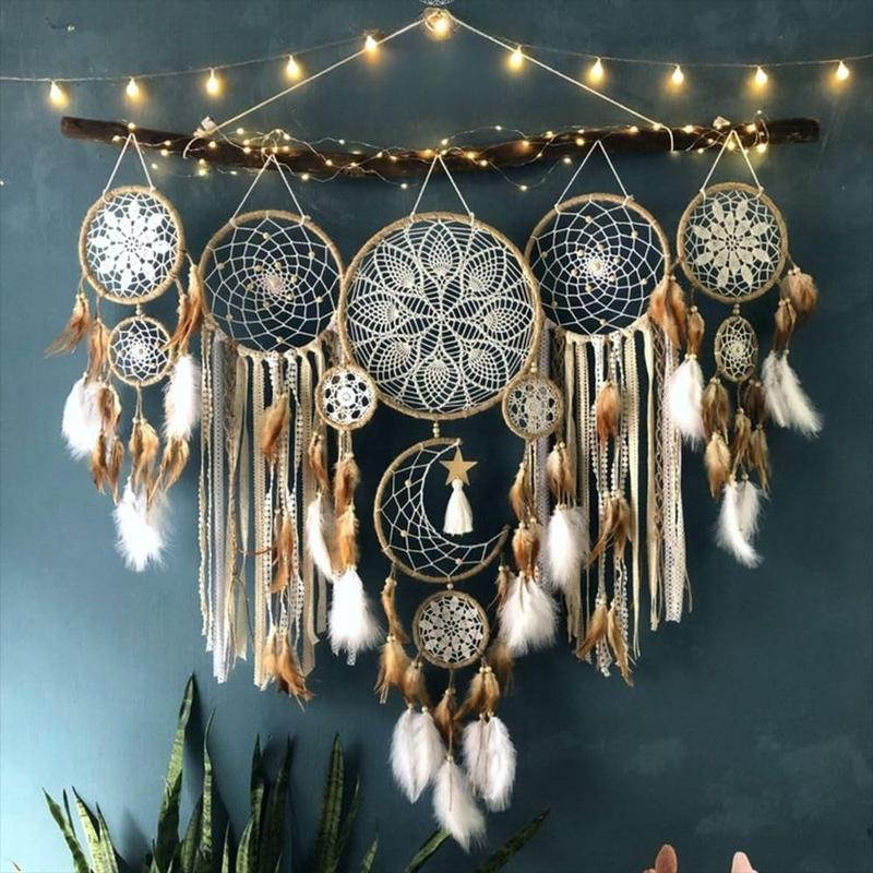 Boho Style Dream Catcher, 5 Counts/set Moon & Sun Feather Design Hanging Dream Catcher, Wall Hanging Decor, Art Wall Decoration for Home Living Room Bedroom