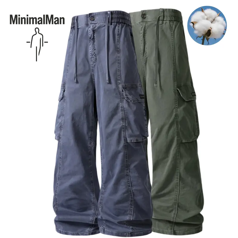 Men's 97% Cotton 3% Spandex Stretch Curved Wide Leg Cargo Pants, Elastic Drawstring Waist Multi Pocket Baggy Streetwear Casual Utility Trousers
