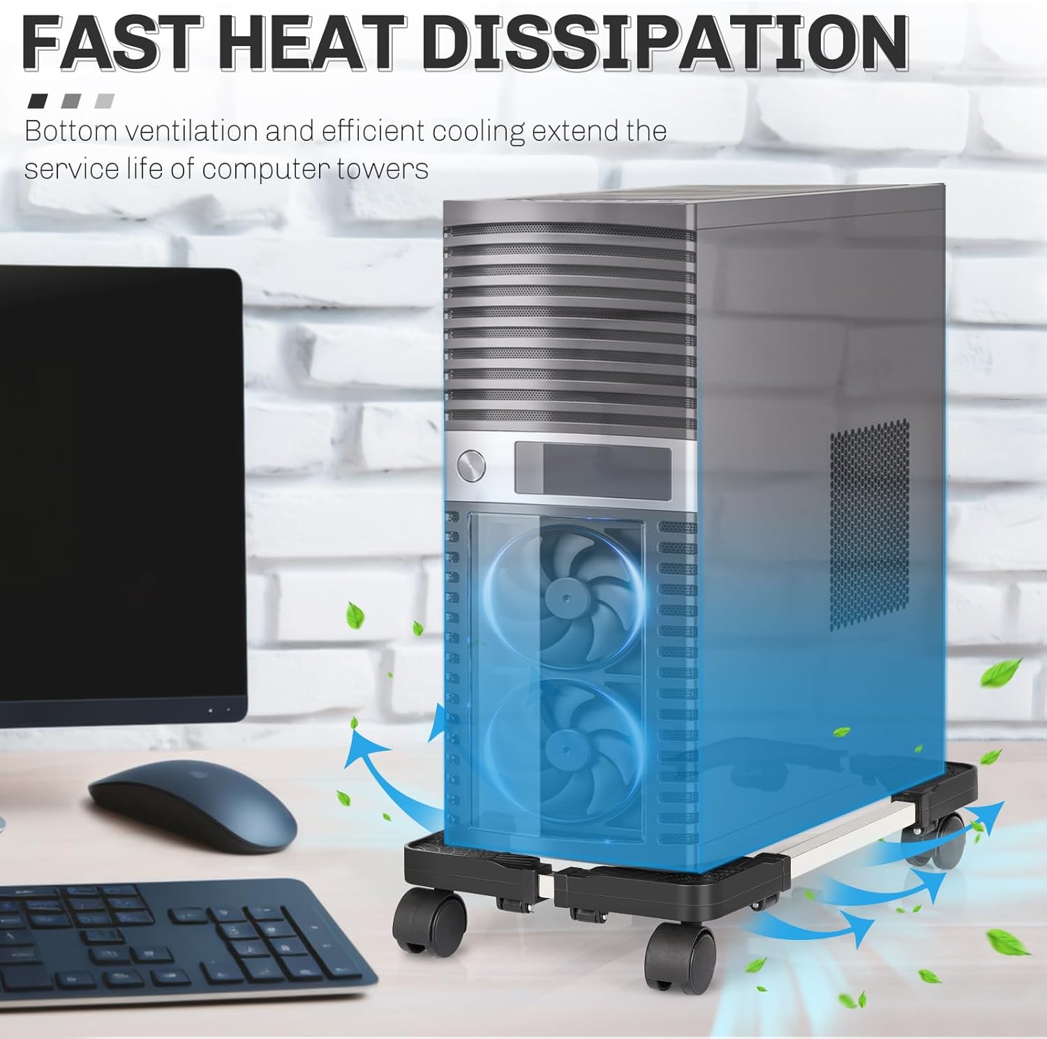 Mobile CPU Stand Adjustable Computer Tower Stand with 4 Caster Wheels Fits  PC (Black)