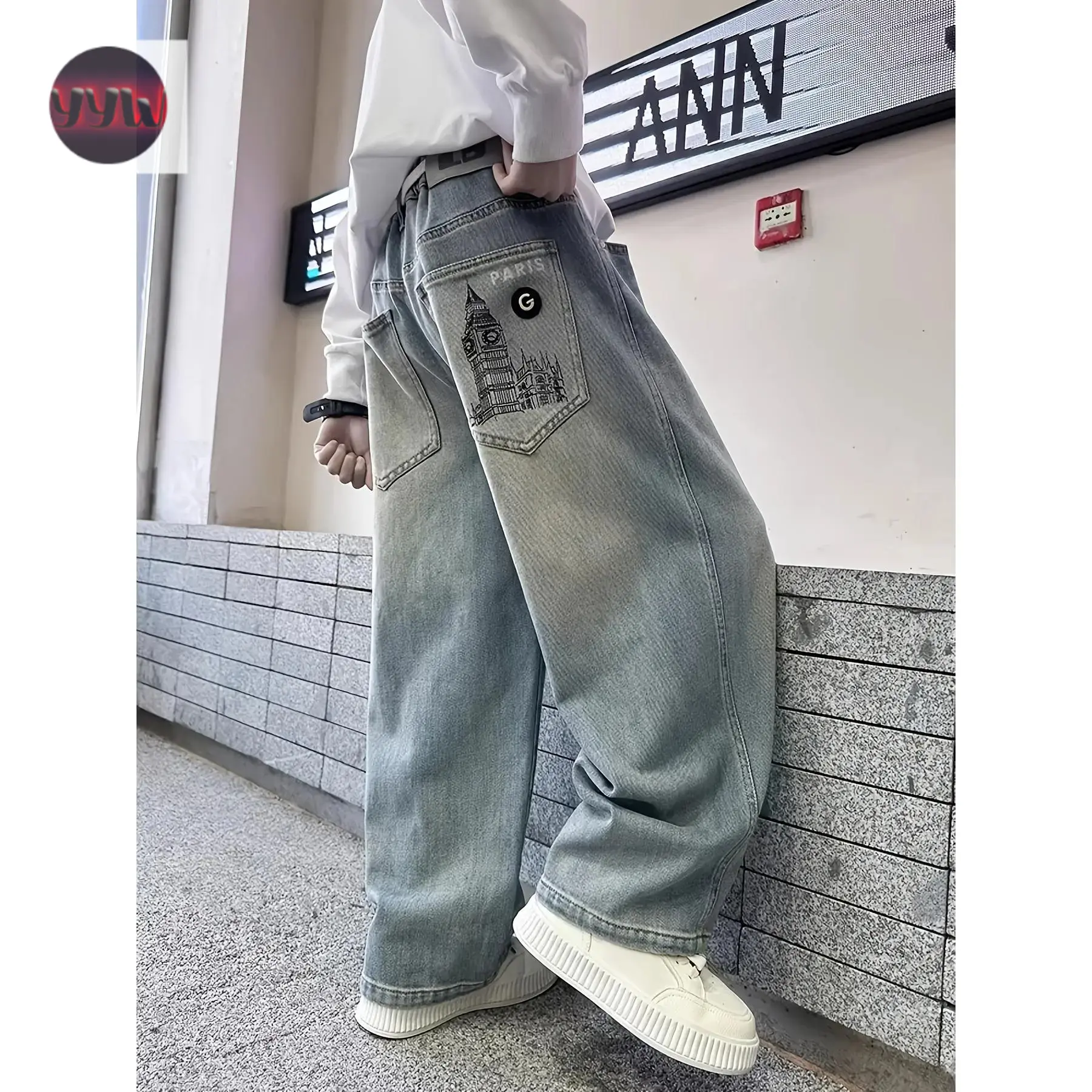 YYW1 Boys' Straight-Leg Non-Stretch Casual Jeans with Geometric Print, Loose-Fit Action Pants for 7-15 Years, Pockets, Machine/Hand Washable Limited Edition, Casual Wear