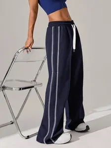 Women's Waffle Texture Loose Fit Side Contrast Color Straight Leg Sweatpants, Suitable For Outdoor Running, Gym Workout, Casual Street Wear, All Season