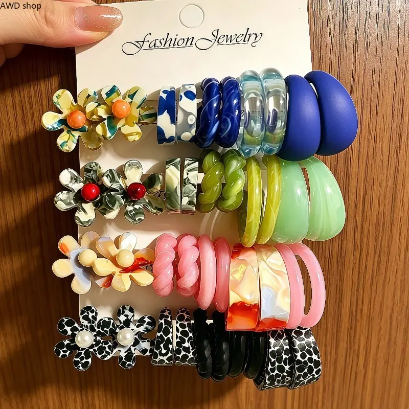 Colorful Floral Geometric C‑Shape Earring Multipack for Women, Korean‑Inspired Resin Stud & Hoop Earrings Set, Dopamine‑Vibe Fashion Statement Ear Jewelry, Versatile Accessories for Daily Wear, Night‑Out, Party & Gift‑Giving