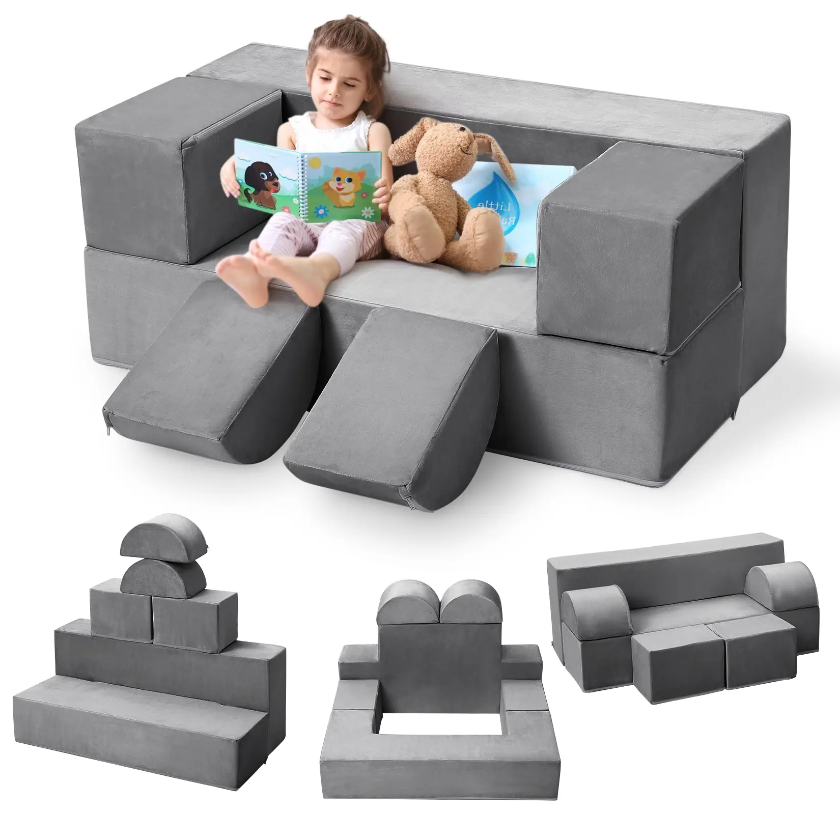 【GARVEE】Multi-Purpose Modular Kids Play Sofa Set, 6-Piece Convertible Toddler Couch, Ideal for Reading, Playing and DIY Fort Building, Child Furniture Suitable for Bedroom & Playroom, Dark Gray, 100x40cm