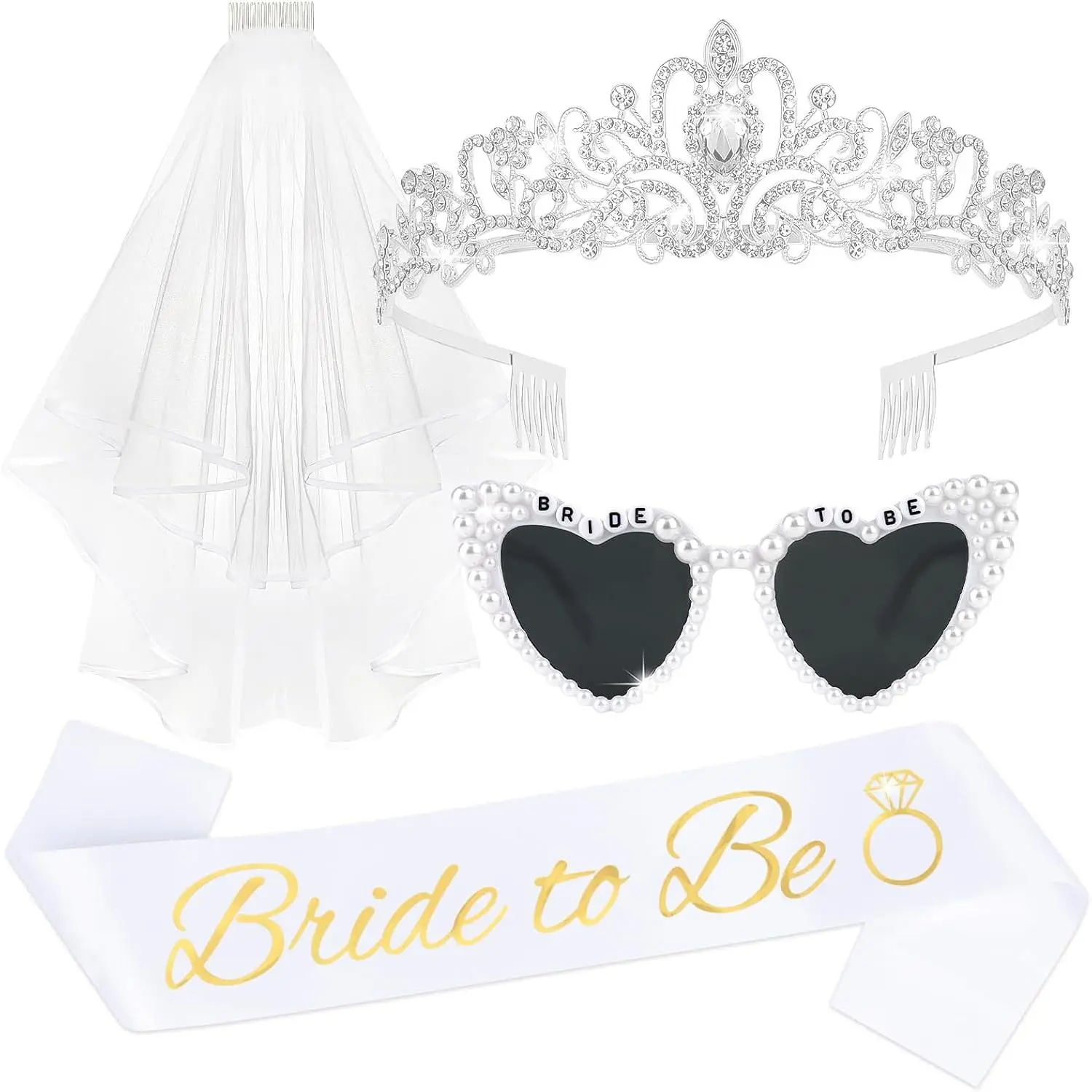 Bachelorette Party Favors - Bride To Be Sash + Crown + Wedding Veil + Bridal Sunglasses Set, Bridal Shower Decorations Engagement - Style 1
