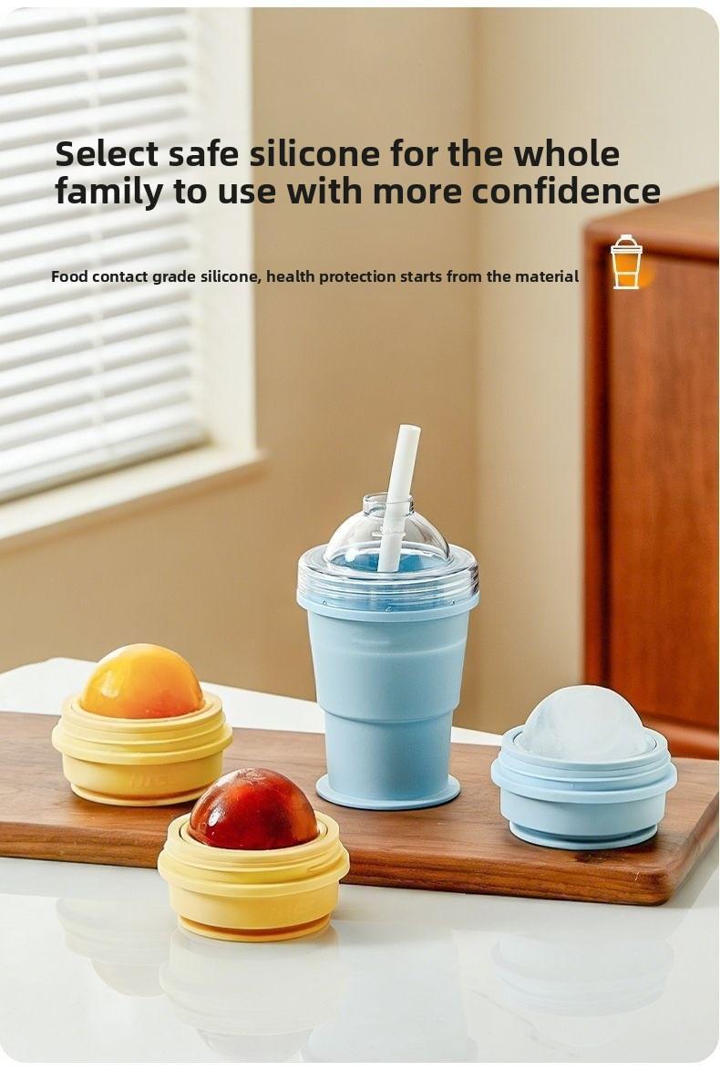 Portable Foldable Ice Ball Cup Silicone Food Grade Ice Maker With Straw Summer Outdoor Travel Mug