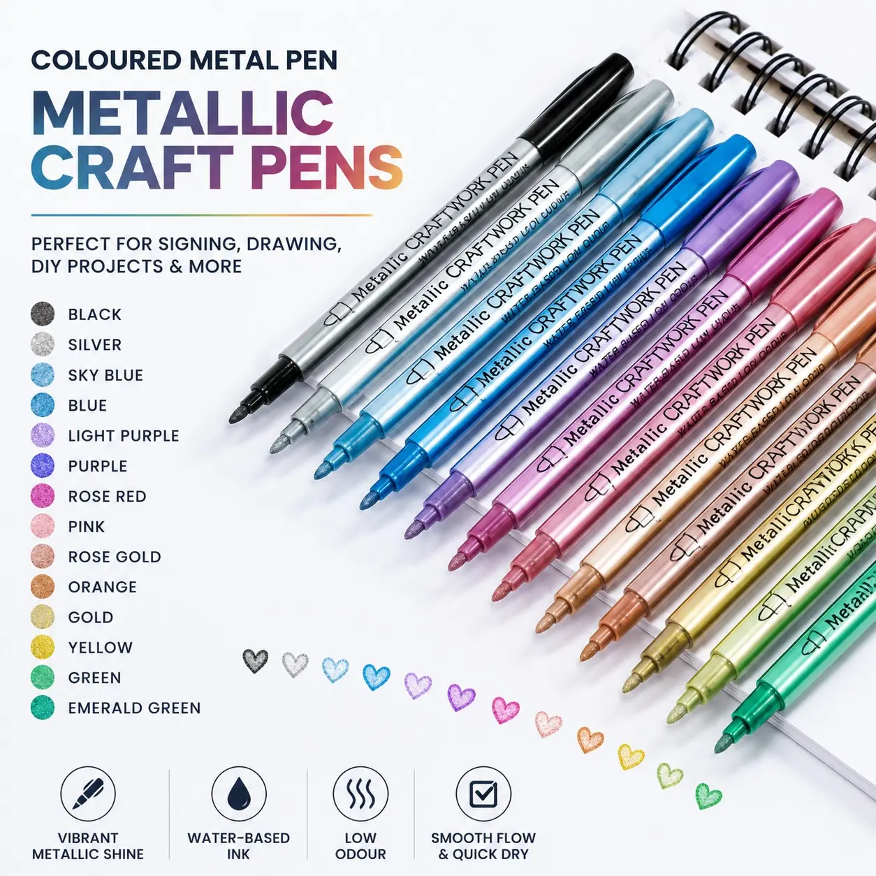 12 Colors Metallic Craft Marker Pens, Water-Based Low Odor Quick Dry Metallic Paint Markers, Vibrant Shine Art Drawing Pens, Art Drawing Supplies, for Stone, Wood, Glass, Metal, Ceramic, Canvas, DIY Scrapbooking, Rock Painting, Gift Card Decorating