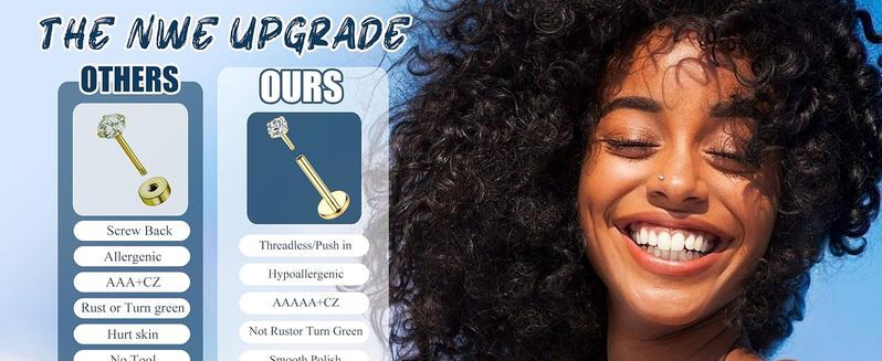 MILACOLATO 14K Plated Gold Threadless Nose Studs for Women Hypoallergenic Surgical Steel Nose Rings Push In Flat back Nose Stud Labret Studs CZ Tragus Helix Piercing Jewelry 16G 18G 20G