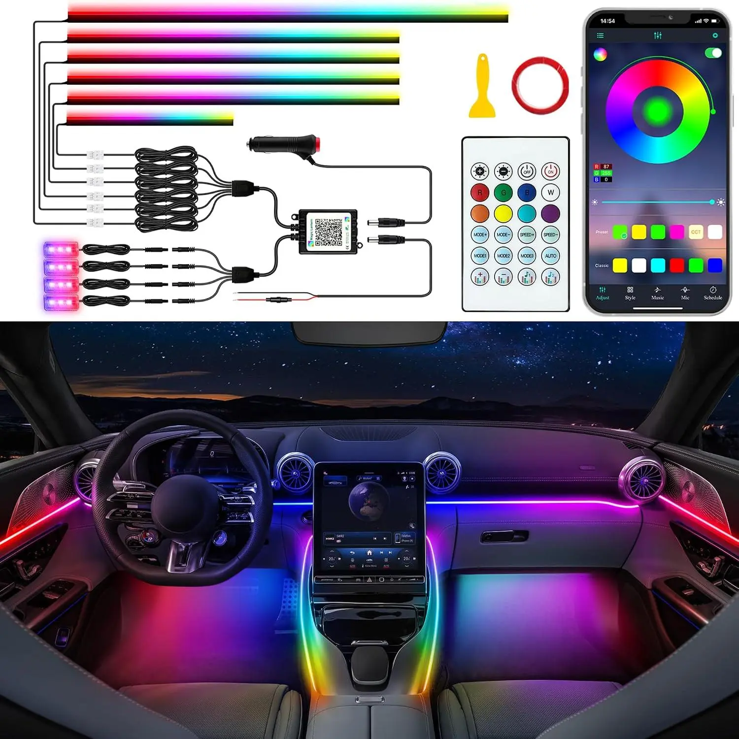 Interior  LED Strip Lights with Dream Color, Ambient Lighting |  APP and RF Remote Control Dynamic Chasing  Sync LED Lights for  Decoration,  Charger or Hardwire DC 12V