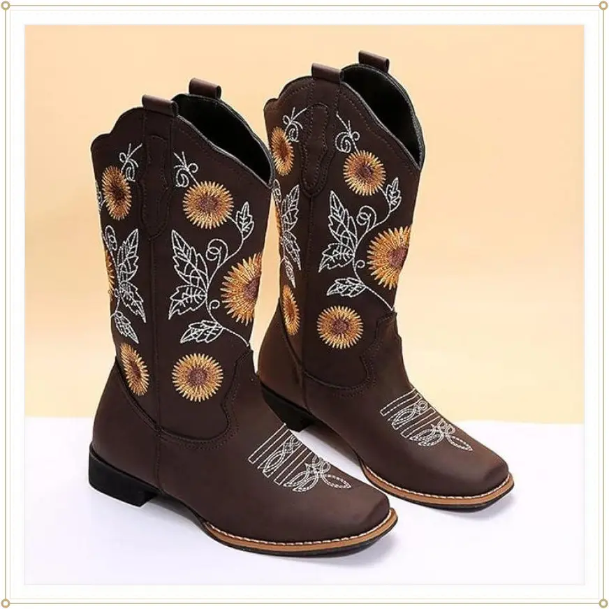 gloryinterest Cowgirl Western Boots for Women Mid Calf Sunflower Embroidery Stitched Square Toe Low Heel  US -. Walking Shoes Leather Casual Footwear Comfort
